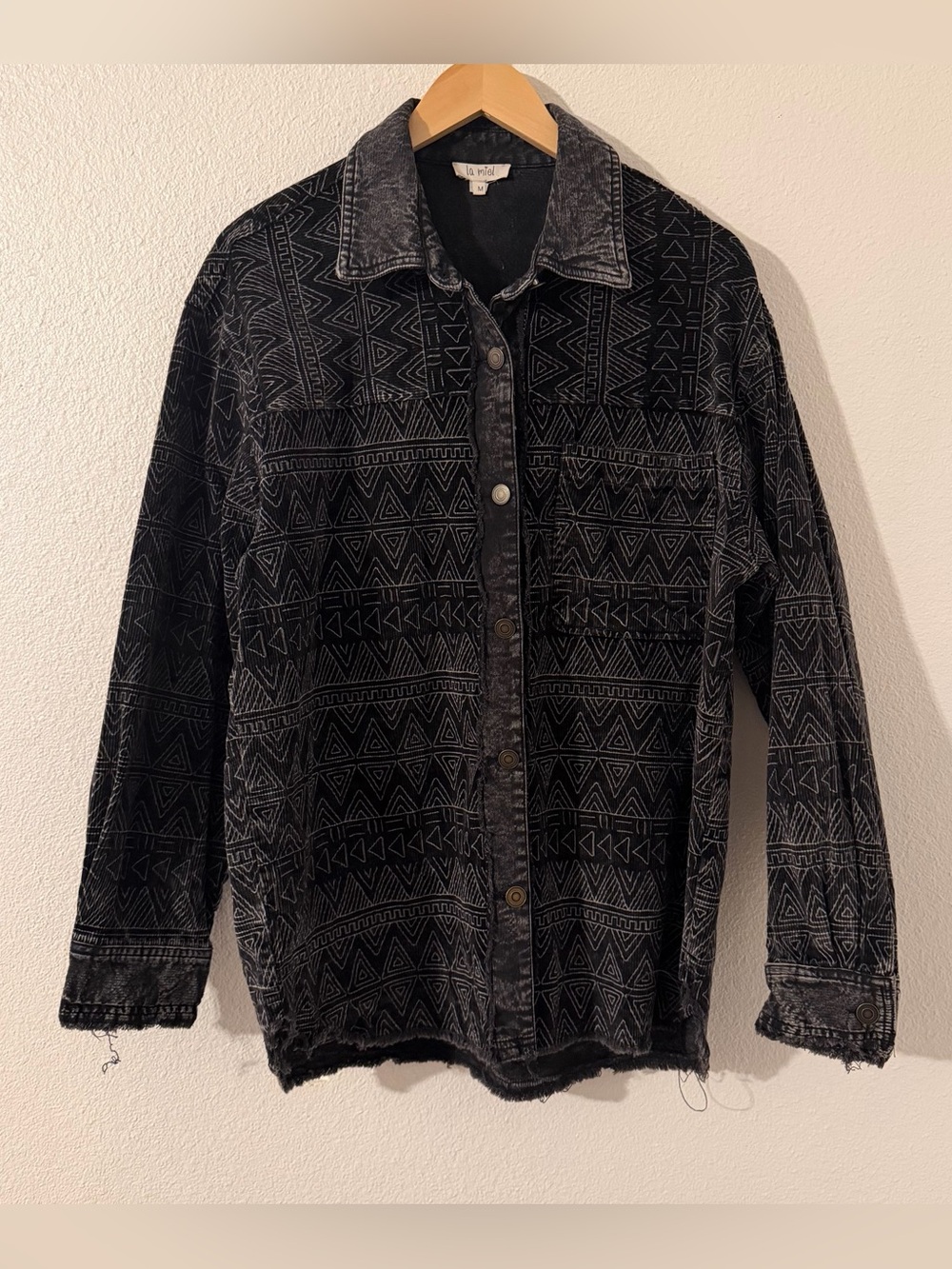 La Miel Shaket Jacket Southwestern Fringe Button Denim Courdaroy Shirt Black MD - Picture 1 of 12